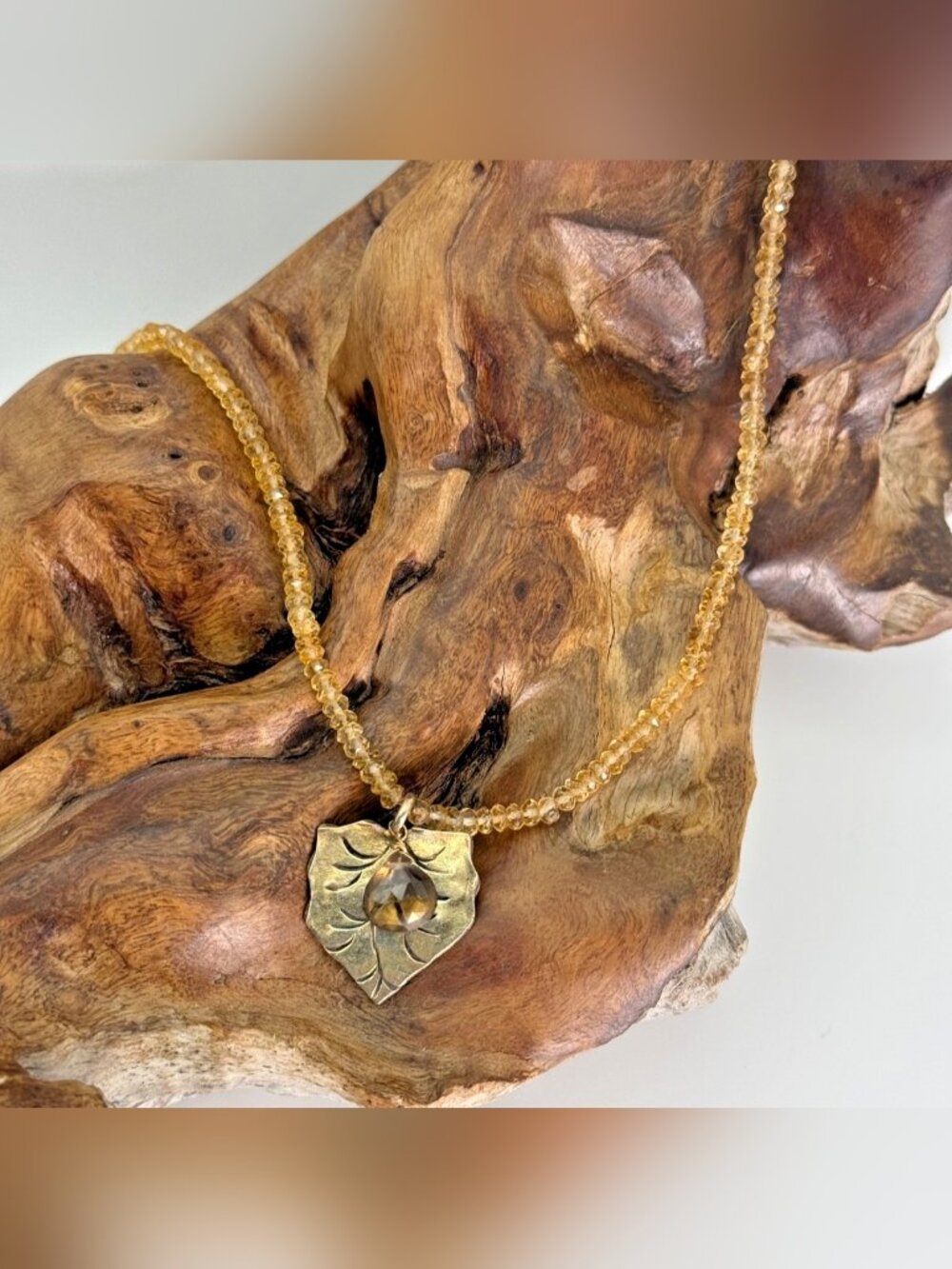 Elegant Artisan Gold Filled Citrine Tone Quartz Necklace with Leaf Pendant